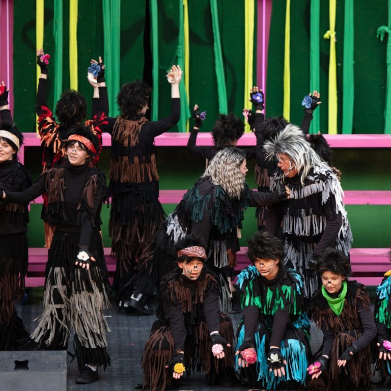 Bunte Aufführung mit Tänzern in Kostümen und fantasievoller Kulisse aus grünen Streifen.